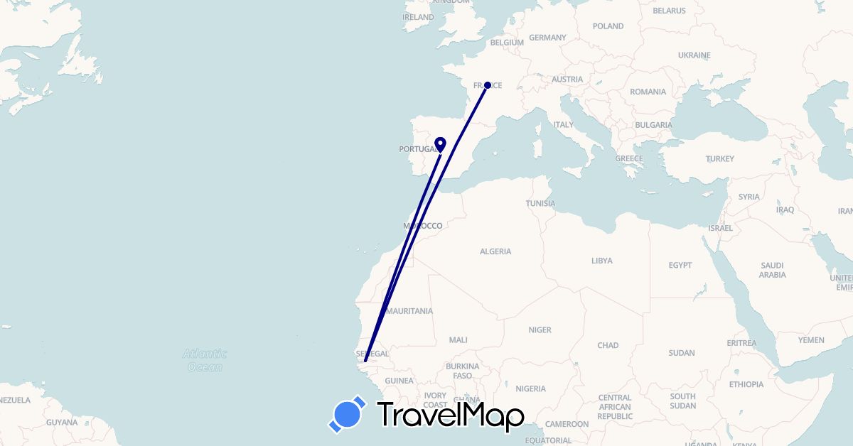 TravelMap itinerary: driving in Spain, France, Gambia (Africa, Europe)